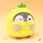 Officially licensed Spiralcute Koupen Chan 6" Pineapple plush featuring the grey positive penguin in a vibrant yellow pineapple costume with green felt leaves. A premium, high-quality Japanese character mascot for adult kidult fans.