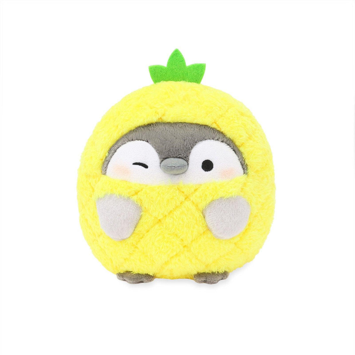 Officially licensed Spiralcute Koupen Chan licensed cute penguin plushie wearing a fluffy yellow pineapple costume with a winking expression, perfect for adult kidult collectors' desk aesthetic and emotional comfort.