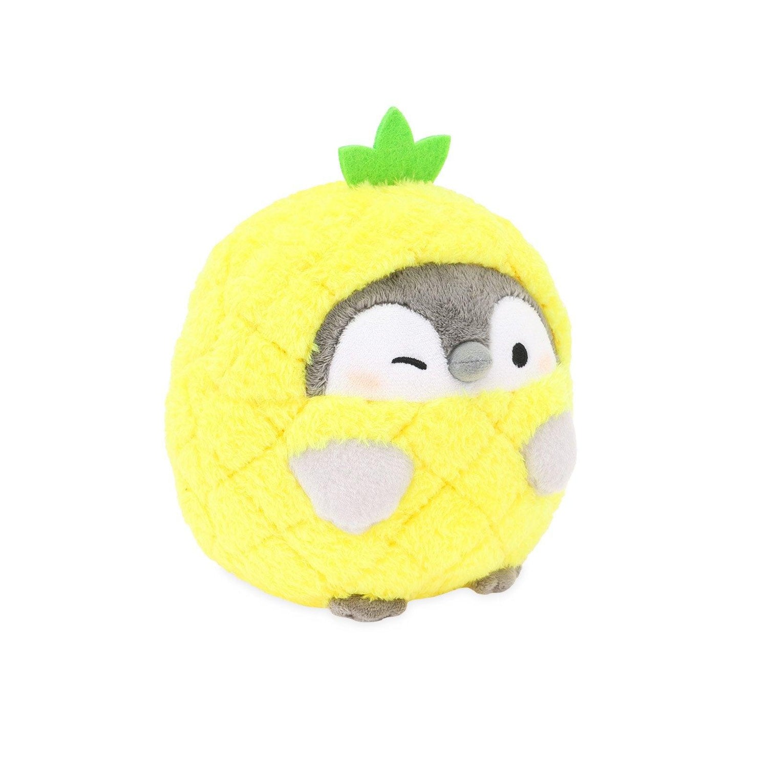 Officially licensed Spiralcute Koupen Chan licensed cute penguin plushie wearing a fluffy yellow pineapple costume with a winking expression, perfect for adult kidult collectors' desk aesthetic and emotional comfort.