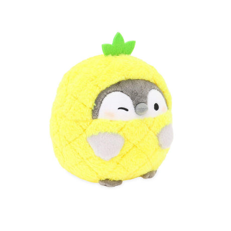 Official Spiralcute Koupen Chan 6" Pineapple Plush; featuring the grey positive penguin in a vibrant yellow pineapple costume with green felt leaves. A premium, high-quality Japanese character mascot for adult kidult fans. An ideal congratulations gift for new beginnings, a refreshing Mother's Day surprise, or a healing office-core deskterior accessory. Symbolic emotional support tool from hellodiscountstore.com.