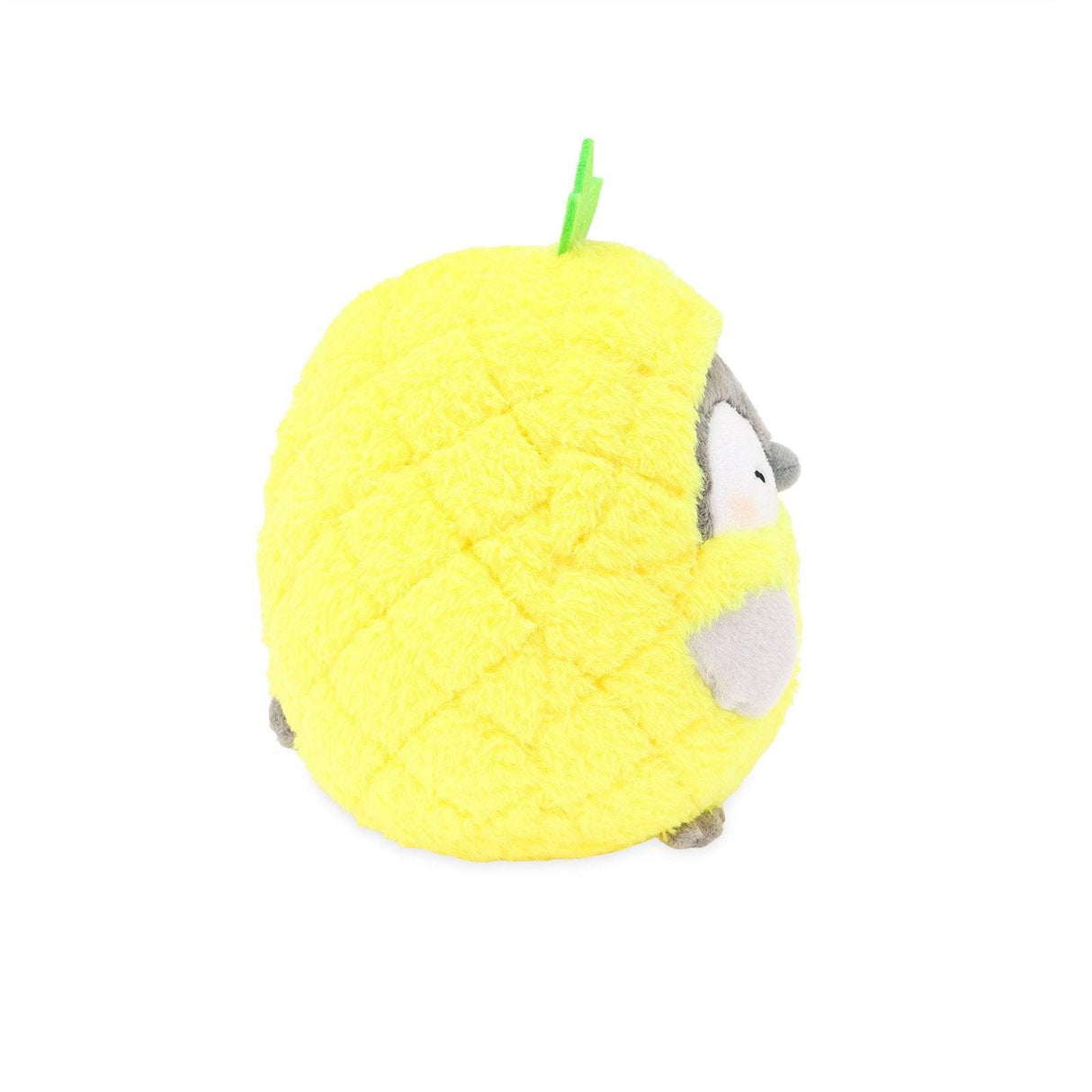 Officially licensed Spiralcute Koupen Chan licensed cute penguin plushie wearing a fluffy yellow pineapple costume with a winking expression, perfect for adult kidult collectors' desk aesthetic and emotional comfort.