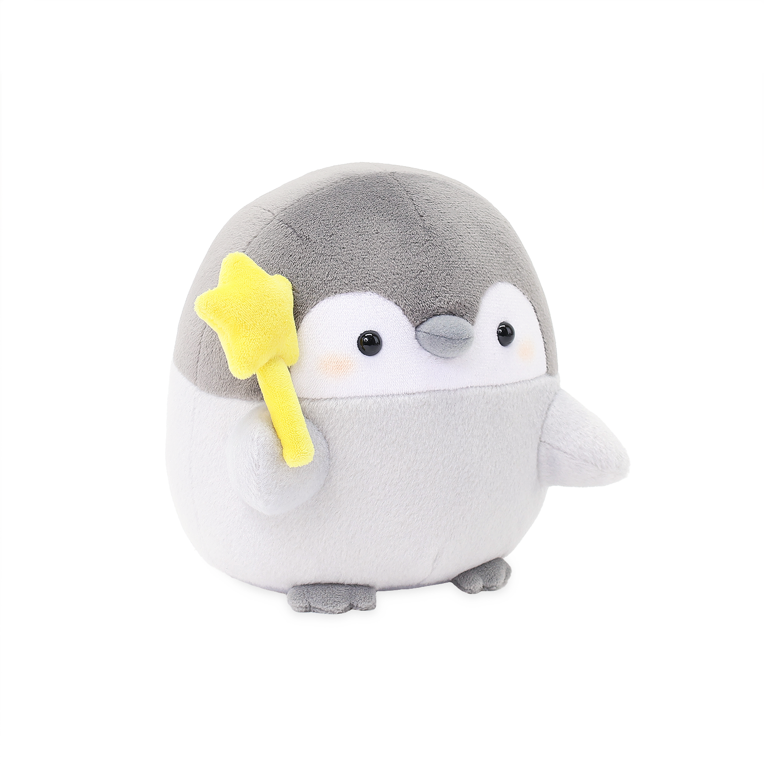 Official Spiralcute Koupen Chan positive penguin plush held in hand, featuring a yellow magic star wand. Perfect for minimalist office-core deskterior, bedroom healing decor, and Y2K aesthetic room styling. A tactile and cute companion for workplace mental wellness.