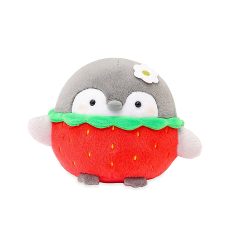 Front view of a 6-inch Koupen Chan plushie in a red strawberry suit with yellow seeds and a green leaf collar. Features soft grey fur and a small white flower on the head. Premium character goods shown with fresh strawberries for size reference.