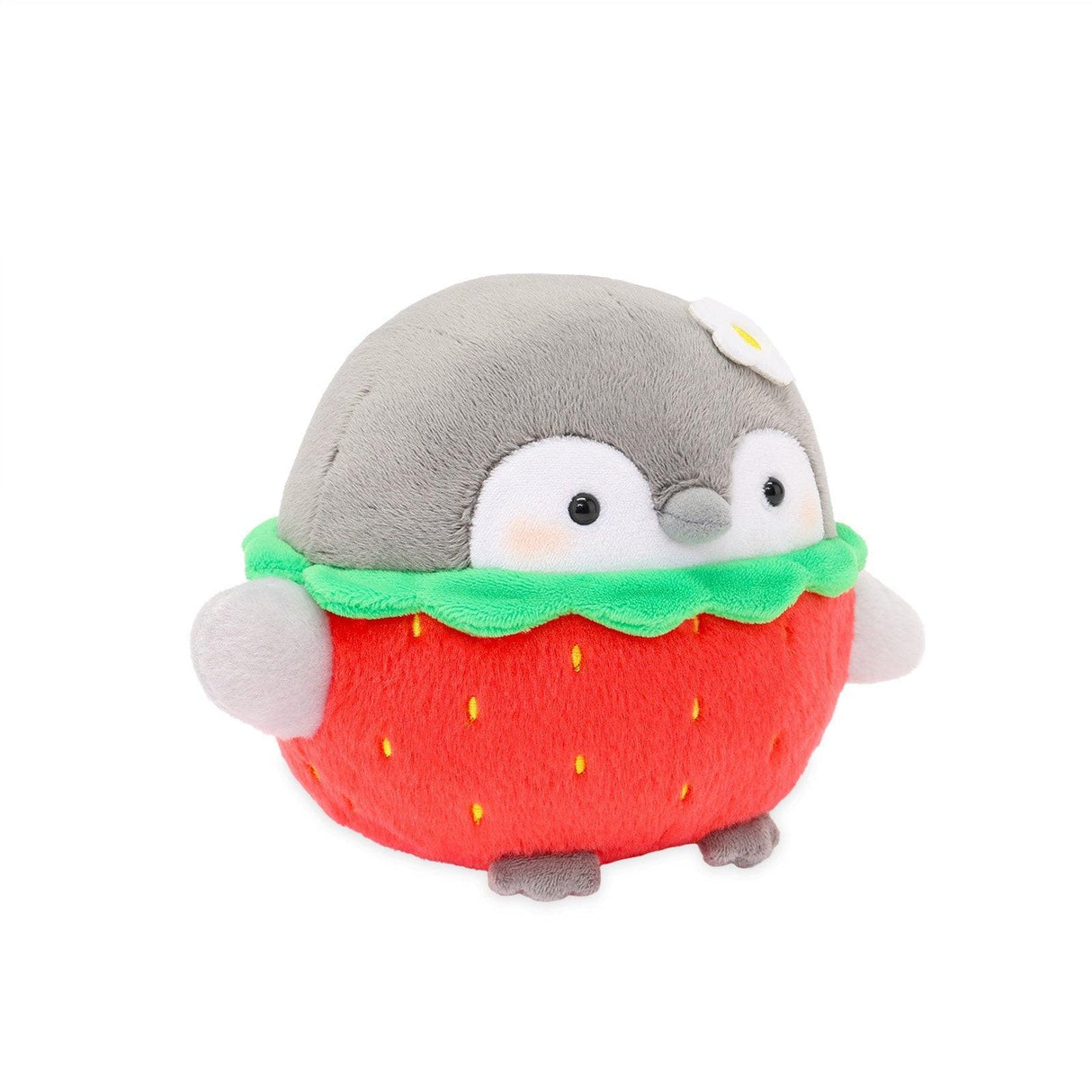 Officially licensed Koupen Chan strawberry costume plush toy showcasing a round grey penguin with a small white flower on its head, fluffy strawberry shaped body with yellow seed embroidery, and open arms, designed as an emotional support plushie for adult & kidult desk decoration.