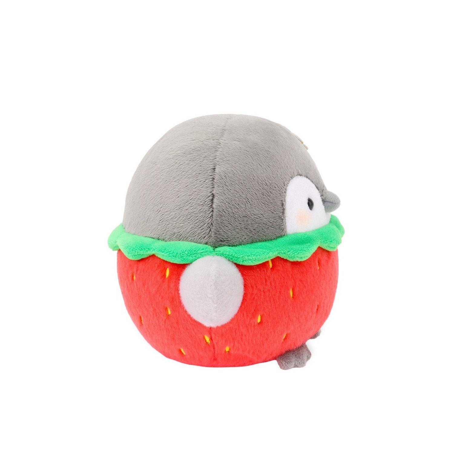 Officially licensed Koupen Chan strawberry costume plush toy showcasing a round grey penguin with a small white flower on its head, fluffy strawberry shaped body with yellow seed embroidery, and open arms, designed as an emotional support plushie for adult & kidult desk decoration.