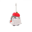 Officially licensed Spiralcute Koupen Chan cute and fluffy grey penguin plush keychain wearing a red apple hat and holding a small apple slice with a silver ball chain, perfect for kidult bag charms and kawaii aesthetic backpack accessories.