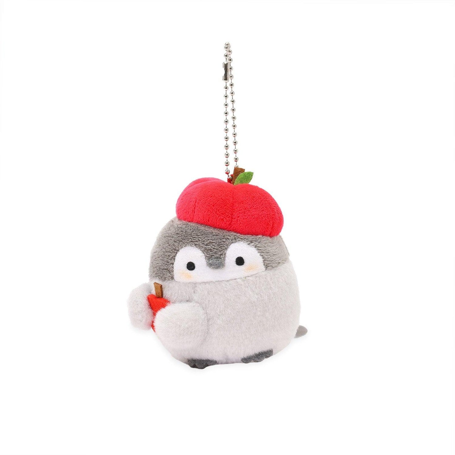 Officially licensed Spiralcute Koupen Chan cute and fluffy grey penguin plush keychain wearing a red apple hat and holding a small apple slice with a silver ball chain, perfect for kidult bag charms and kawaii aesthetic backpack accessories.