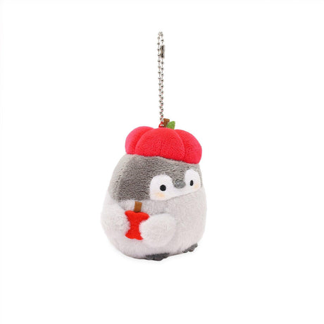 Officially licensed Spiralcute Koupen Chan cute and fluffy grey penguin plush keychain wearing a red apple hat and holding a small apple slice with a silver ball chain, perfect for kidult bag charms and kawaii aesthetic backpack accessories.