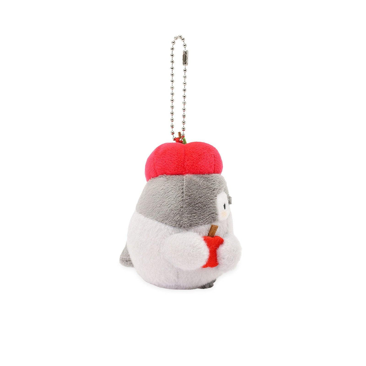 Officially licensed Spiralcute Koupen Chan cute and fluffy grey penguin plush keychain wearing a red apple hat and holding a small apple slice with a silver ball chain, perfect for kidult bag charms and kawaii aesthetic backpack accessories.