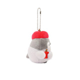 Officially licensed Spiralcute Koupen Chan cute and fluffy grey penguin plush keychain wearing a red apple hat and holding a small apple slice with a silver ball chain, perfect for kidult bag charms and kawaii aesthetic backpack accessories.