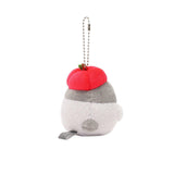 Officially licensed Spiralcute Koupen Chan cute and fluffy grey penguin plush keychain wearing a red apple hat and holding a small apple slice with a silver ball chain, perfect for kidult bag charms and kawaii aesthetic backpack accessories.