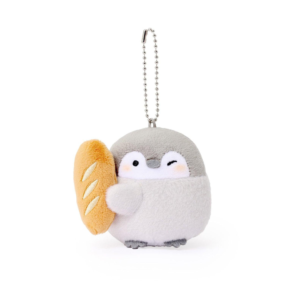 Officially licensed Spiralcute Koupen Chan Baguette Costume Plush Mascot Keychain featuring a soft grey penguin holding a baguette, attached to a sturdy silver ball chain, perfect for kidult bag charms and kawaii aesthetic backpack accessories.