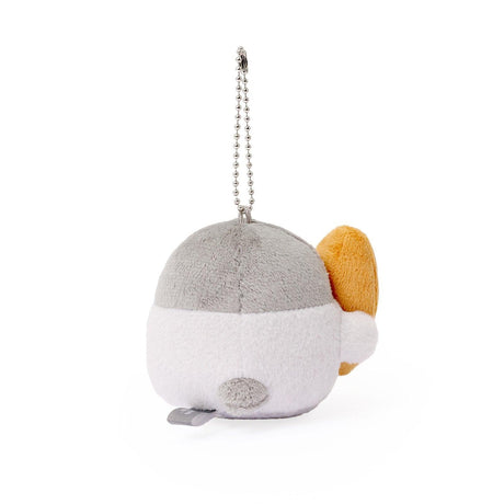 Officially licensed Spiralcute Koupen Chan Baguette Costume Plush Mascot Keychain featuring a soft grey penguin holding a baguette, attached to a sturdy silver ball chain, perfect for kidult bag charms and kawaii aesthetic backpack accessories.