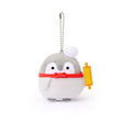 Officially licensed Spiralcute Koupen Chan Baker Costume Plush Mascot Keychain featuring a soft grey penguin wearing a white chef hat and red bow tie while holding a yellow wooden rolling pin, attached to a sturdy silver ball chain, perfect for kidult bag charms and kawaii aesthetic backpack accessories.