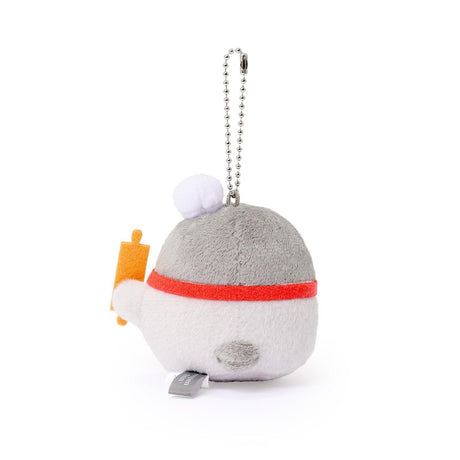 Official Spiralcute Koupen Chan Baker Costume Plush Mascot Keychain featuring a soft grey penguin wearing a white chef hat and red bow tie while holding a yellow wooden rolling pin, attached to a sturdy silver ball chain for bags and backpacks to serve as a comforting workplace healing companion and emotional support tool for adult kidult collectors.