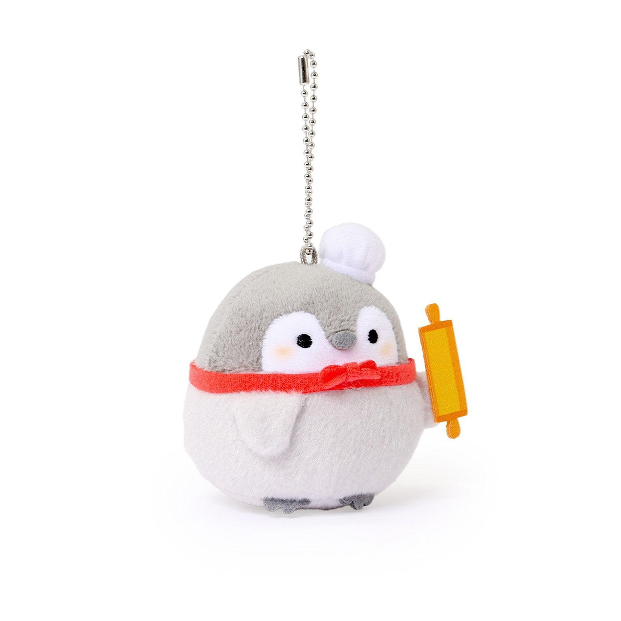 Official Spiralcute Koupen Chan Baker Costume Plush Mascot Keychain featuring a soft grey penguin wearing a white chef hat and red bow tie while holding a yellow wooden rolling pin, attached to a sturdy silver ball chain for bags and backpacks to serve as a comforting workplace healing companion and emotional support tool for adult kidult collectors.