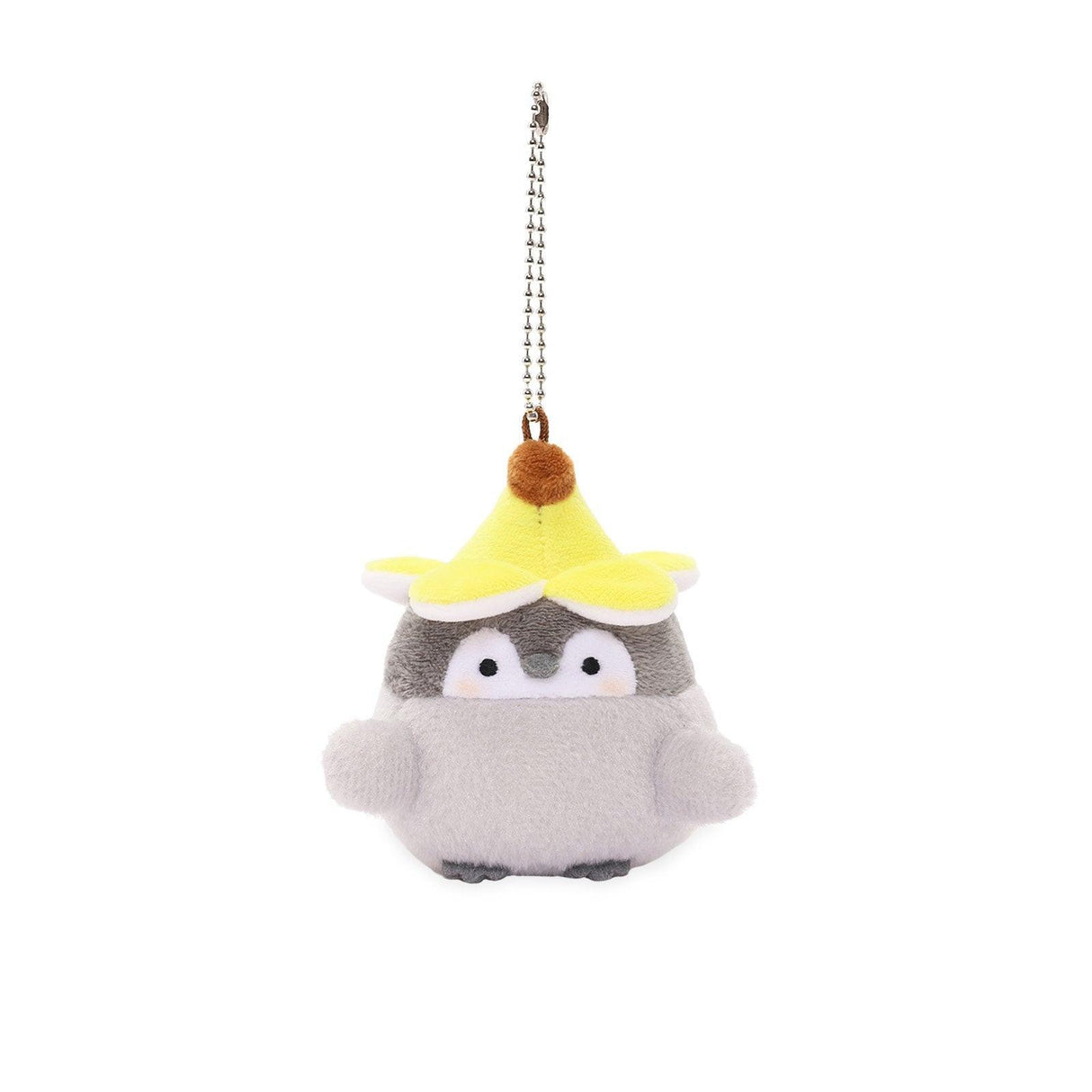 Officially licensed Spiralcute Koupen Chan cute grey penguin plush keychain wearing a yellow banana hat and with a silver ball chain, perfect for kidult bag charms and kawaii aesthetic backpack accessories.
