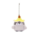 Officially licensed Spiralcute Koupen Chan cute grey penguin plush keychain wearing a yellow banana hat and with a silver ball chain, perfect for kidult bag charms and kawaii aesthetic backpack accessories.