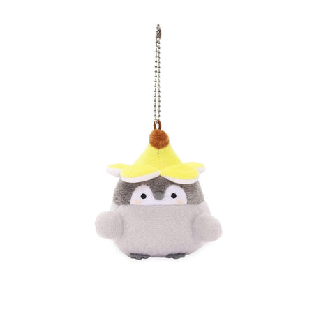 Officially licensed Spiralcute Koupen Chan cute grey penguin plush keychain wearing a yellow banana hat and with a silver ball chain, perfect for kidult bag charms and kawaii aesthetic backpack accessories.