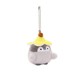 Officially licensed Spiralcute Koupen Chan cute grey penguin plush keychain wearing a yellow banana hat and with a silver ball chain, perfect for kidult bag charms and kawaii aesthetic backpack accessories.