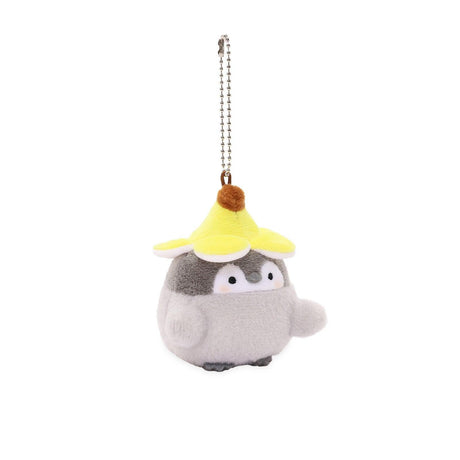 Official Spiralcute Koupen Chan Banana Costume Plush Mascot Keychain featuring a soft grey penguin in a vibrant yellow banana hood with a sturdy silver ball chain for bags and backpacks, serving as a mindful workplace healing companion and emotional support tool for adult kidult collectors.