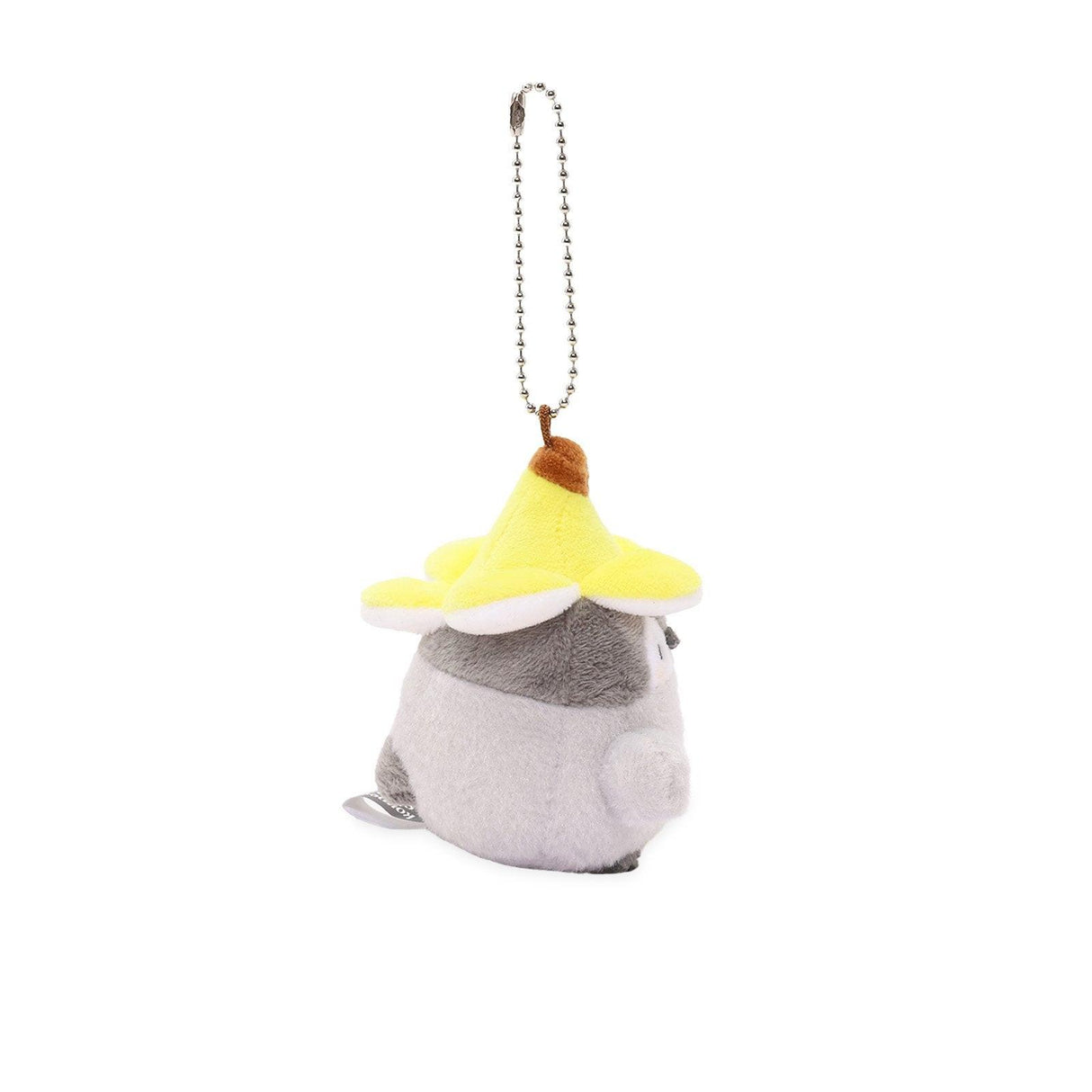 Officially licensed Spiralcute Koupen Chan cute grey penguin plush keychain wearing a yellow banana hat and with a silver ball chain, perfect for kidult bag charms and kawaii aesthetic backpack accessories.