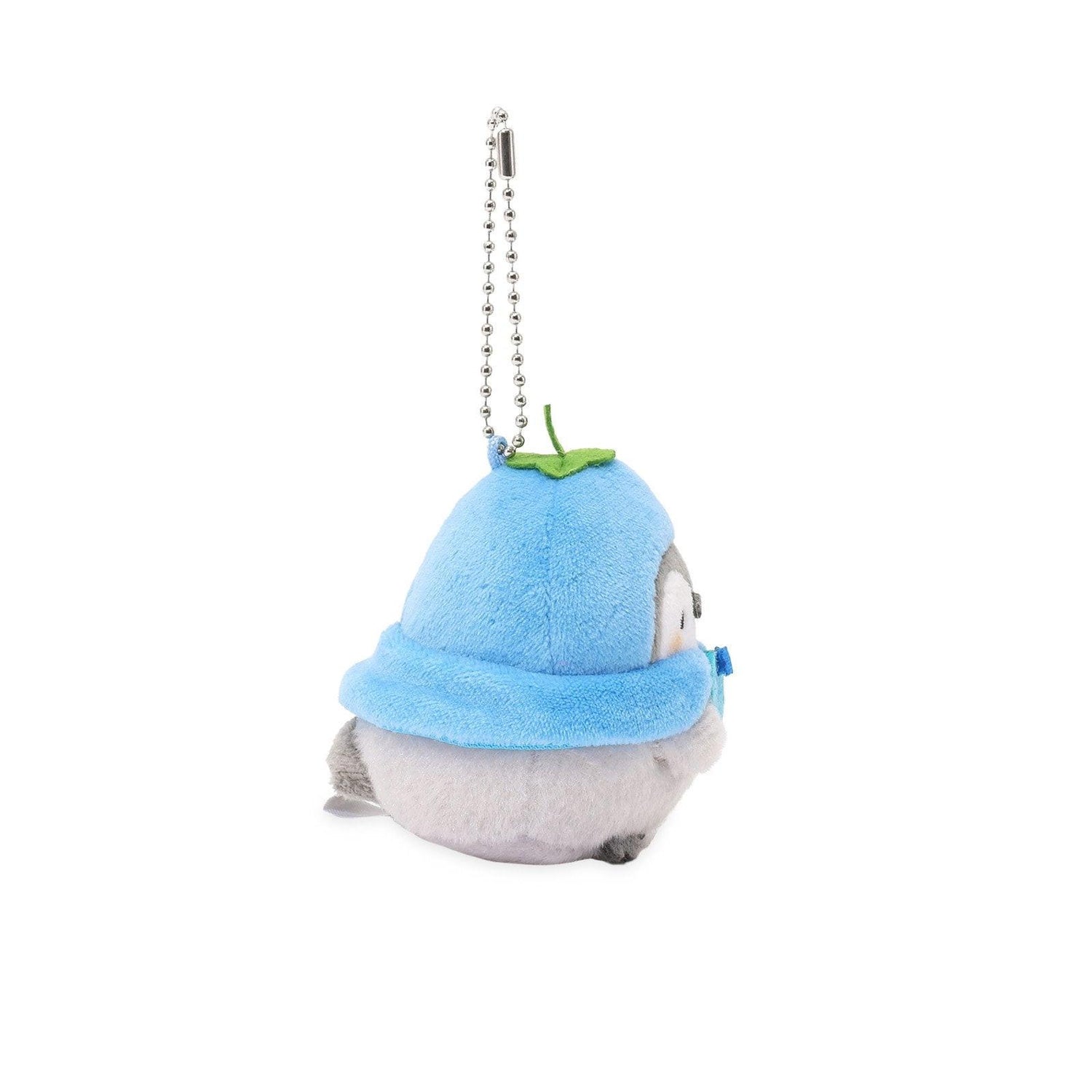 Officially licensed Spiralcute Koupen Chan fluffy and cute grey penguin plush keychain wearing a blueberry hat and holding a small blueberry with a silver ball chain, perfect for kidult bag charms and kawaii aesthetic backpack accessories.