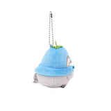 Officially licensed Spiralcute Koupen Chan fluffy and cute grey penguin plush keychain wearing a blueberry hat and holding a small blueberry with a silver ball chain, perfect for kidult bag charms and kawaii aesthetic backpack accessories.