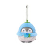 Officially licensed Spiralcute Koupen Chan fluffy and cute grey penguin plush keychain wearing a blueberry hat and holding a small blueberry with a silver ball chain, perfect for kidult bag charms and kawaii aesthetic backpack accessories.