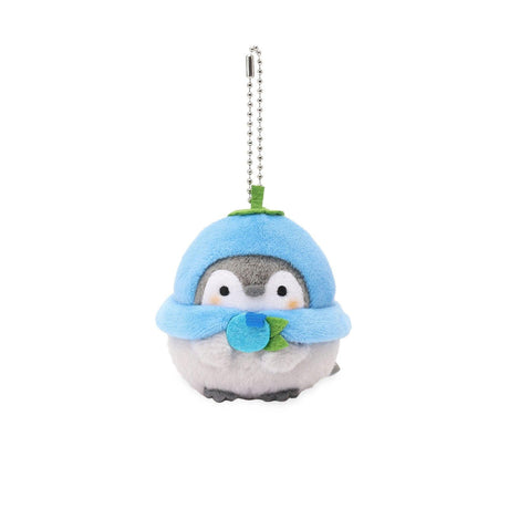 Official Spiralcute Koupen Chan Blueberry Costume Plush Mascot Keychain featuring a soft grey penguin in a pastel blue blueberry hood while holding a small blueberry fruit, attached to a sturdy silver ball chain for bags and backpacks to serve as a comforting workplace healing companion and emotional support tool for adult kidult collectors.