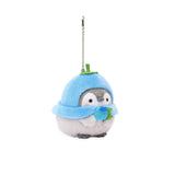 Officially licensed Spiralcute Koupen Chan fluffy and cute grey penguin plush keychain wearing a blueberry hat and holding a small blueberry with a silver ball chain, perfect for kidult bag charms and kawaii aesthetic backpack accessories.