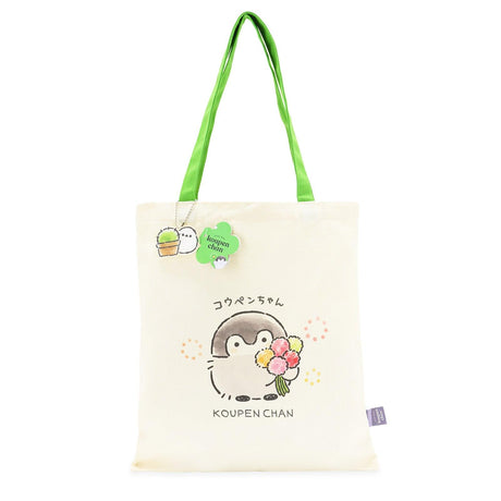 Official Koupen Chan canvas cotton tote bag:  Ideal May "Month of Gratitude" gifts: Koupen Chan tote bags featuring positive penguin illustrations with clovers. A thoughtful and practical thank-you gift for teachers, mothers, and coworkers that provides emotional support.