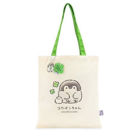 Official Koupen Chan canvas cotton tote bag:  Soothing Koupen Chan "Positive Penguin" eco-bags for adult self-care and mental wellness. These healing character totes act as functional emotional support tools for daily life, bringing a sense of nostalgic comfort and cozy joy to your routine.
