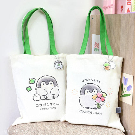 Official Spiralcute Koupen Chan Canvas Tote Bag Collection; featuring Clover and Flower Bouquet designs. These aesthetic eco-friendly bags with green handles are perfect "bestie" friendship gifts or matching daily totes for Japanese character lovers.