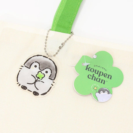 Official Spiralcute Koupen Chan Clover Canvas Tote Bag; an authentic Japanese character eco-bag featuring the positive penguin and green clover Acrylic charm .
