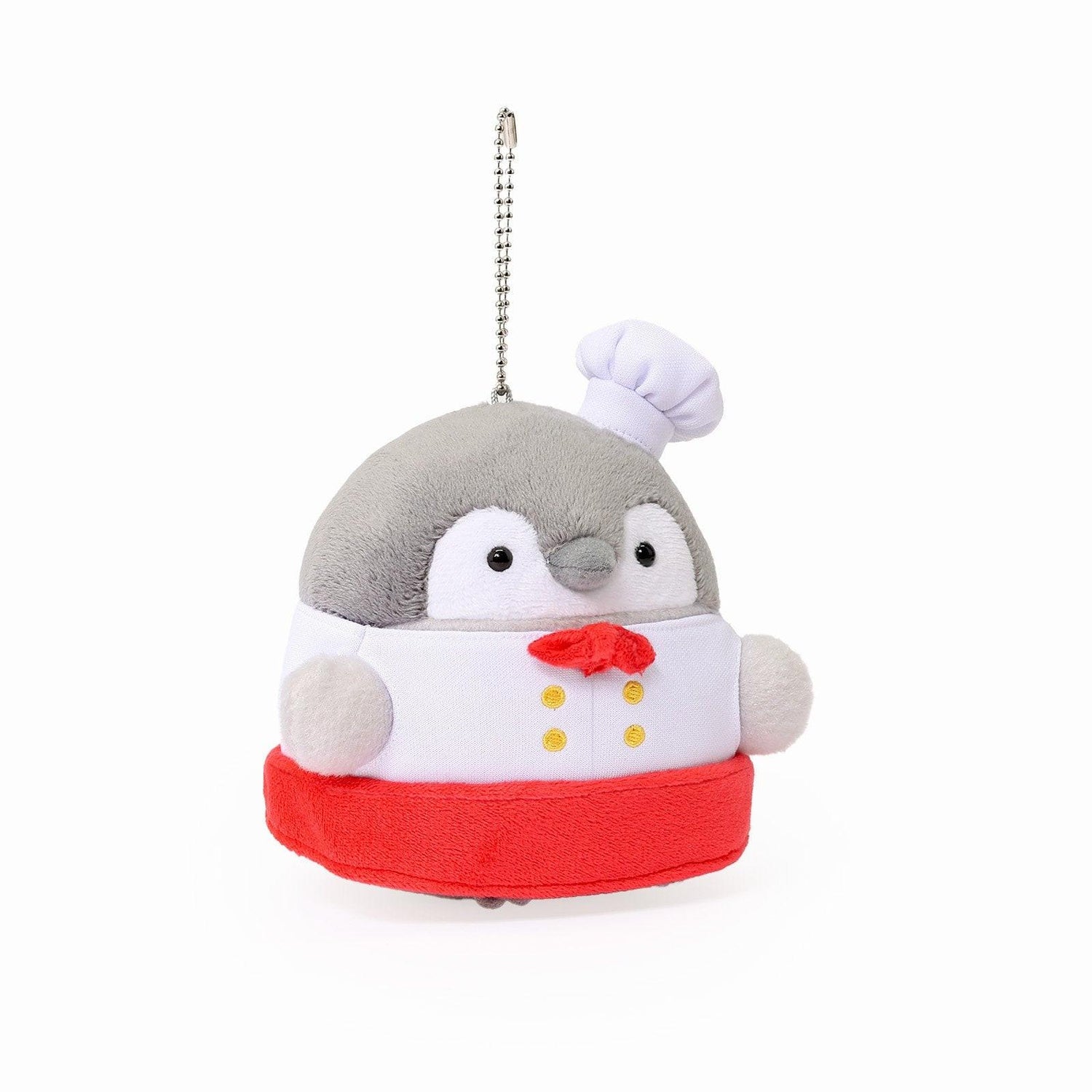 Officially licensed Spiralcute Koupen Chan Bakery Series plush mascot keychain featuring the cute grey penguin wearing a white patissier uniform with yellow buttons, a red bow tie, a red apron, and a tilited white baker hat, with a silver ball chain, made of soft fuzzy material for adult kidult collectors as a kawaii aesthetic bag accessory or collectible plush charm.