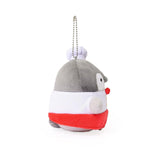 Officially licensed Spiralcute Koupen Chan Bakery Series plush mascot keychain featuring the cute grey penguin wearing a white patissier uniform with yellow buttons, a red bow tie, a red apron, and a tilited white baker hat, with a silver ball chain, made of soft fuzzy material for adult kidult collectors as a kawaii aesthetic bag accessory or collectible plush charm.