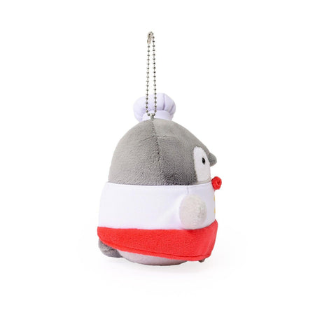Officially licensed Spiralcute Koupen Chan Bakery Series plush mascot keychain featuring the cute grey penguin wearing a white patissier uniform with yellow buttons, a red bow tie, a red apron, and a tilited white baker hat, with a silver ball chain, made of soft fuzzy material for adult kidult collectors as a kawaii aesthetic bag accessory or collectible plush charm.