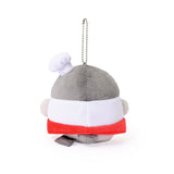 Officially licensed Spiralcute Koupen Chan Bakery Series plush mascot keychain featuring the cute grey penguin wearing a white patissier uniform with yellow buttons, a red bow tie, a red apron, and a tilited white baker hat, with a silver ball chain, made of soft fuzzy material for adult kidult collectors as a kawaii aesthetic bag accessory or collectible plush charm.