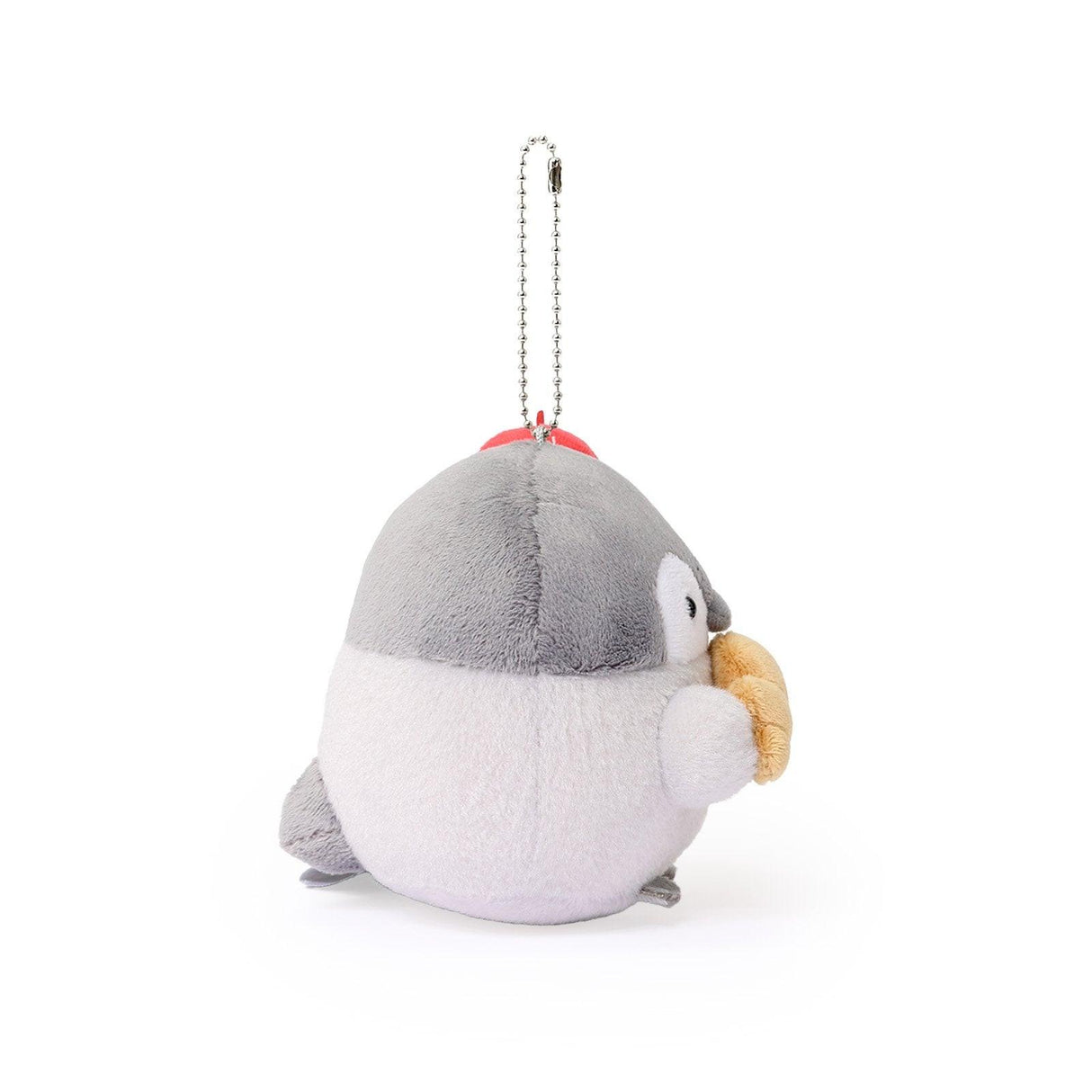 Officially licensed Spiralcute Koupen Chan Bakery Series plush mascot keychain featuring the cute grey penguin wearing a bright red artist beret hat and holding a croissant, with a silver ball chain, made of soft fuzzy material for adult kidult collectors as a kawaii aesthetic bag accessory or collectible plush charm.