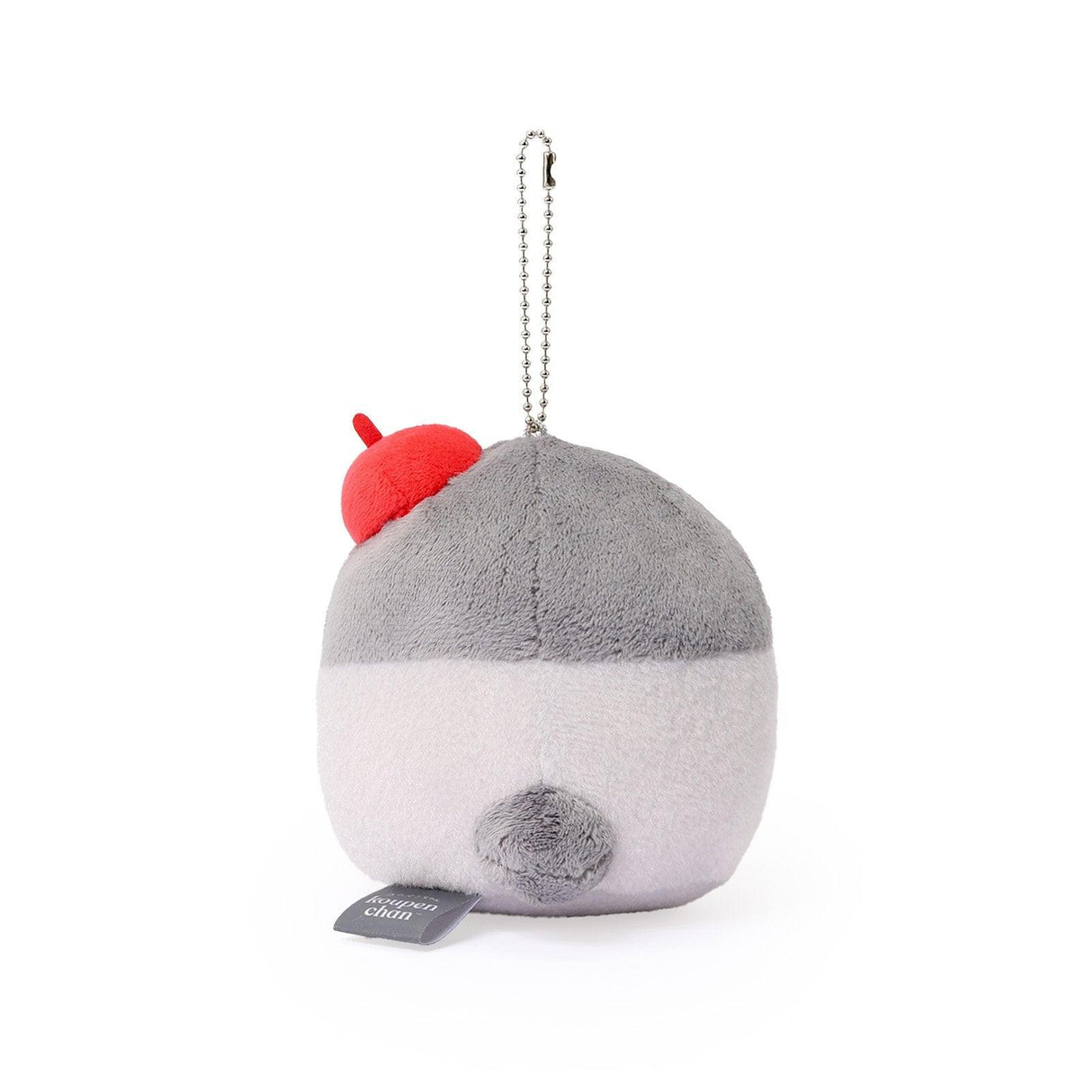 Officially licensed Spiralcute Koupen Chan Bakery Series plush mascot keychain featuring the cute grey penguin wearing a bright red artist beret hat and holding a croissant, with a silver ball chain, made of soft fuzzy material for adult kidult collectors as a kawaii aesthetic bag accessory or collectible plush charm.
