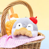 Officially licensed Spiralcute Koupen Chan Bakery Series plush mascot keychain featuring the cute grey penguin wearing a bright red artist beret hat and holding a croissant, with a silver ball chain, made of soft fuzzy material for adult kidult collectors as a kawaii aesthetic bag accessory or collectible plush charm.