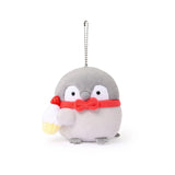 Officially licensed Spiralcute Koupen Chan Bakery Series plush mascot keychain featuring the cute grey penguin wearing a bright red bow tie and holding a miniature strawberry cupcake, with a silver ball chain, made of soft fuzzy material for adult kidult collectors as a kawaii aesthetic bag accessory or collectible plush charm.