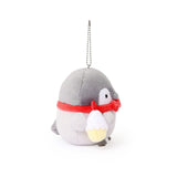 Officially licensed Spiralcute Koupen Chan Bakery Series plush mascot keychain featuring the cute grey penguin wearing a bright red bow tie and holding a miniature strawberry cupcake, with a silver ball chain, made of soft fuzzy material for adult kidult collectors as a kawaii aesthetic bag accessory or collectible plush charm.