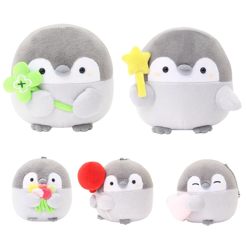Officially licensed Spiralcute Koupen Chan Plush Collection featuring the cute grey penguin with a clover wand, star magic wand, red mug, balloon mascot, flower bouquet mascot, and pink heart mascot keychain. A premium full set for dedicated collectors and Japanese character fans seeking the ultimate kawaii plush collection.