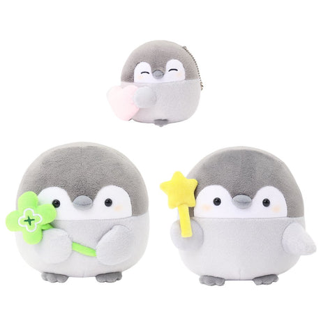 Officially licensed Spiralcute Koupen Chan Plush Collection featuring the cute grey penguin with a clover wand, star magic wand, red mug, balloon mascot, flower bouquet mascot, and pink heart mascot keychain. A premium full set for dedicated collectors and Japanese character fans seeking the ultimate kawaii plush collection.