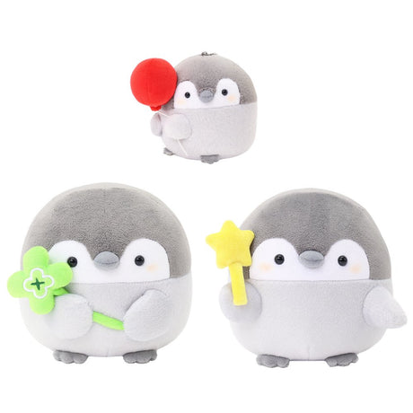 Officially licensed Spiralcute Koupen Chan Plush Collection featuring the cute grey penguin with a clover wand, star magic wand, red mug, balloon mascot, flower bouquet mascot, and pink heart mascot keychain. A premium full set for dedicated collectors and Japanese character fans seeking the ultimate kawaii plush collection.