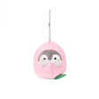 Officially licensed Spiralcute Koupen Chan fluffy and cute grey penguin plush keychain wearing a soft pink peach costume with a winking expression hanging with a silver ball chain, perfect for kidult bag charms and kawaii aesthetic backpack accessories.