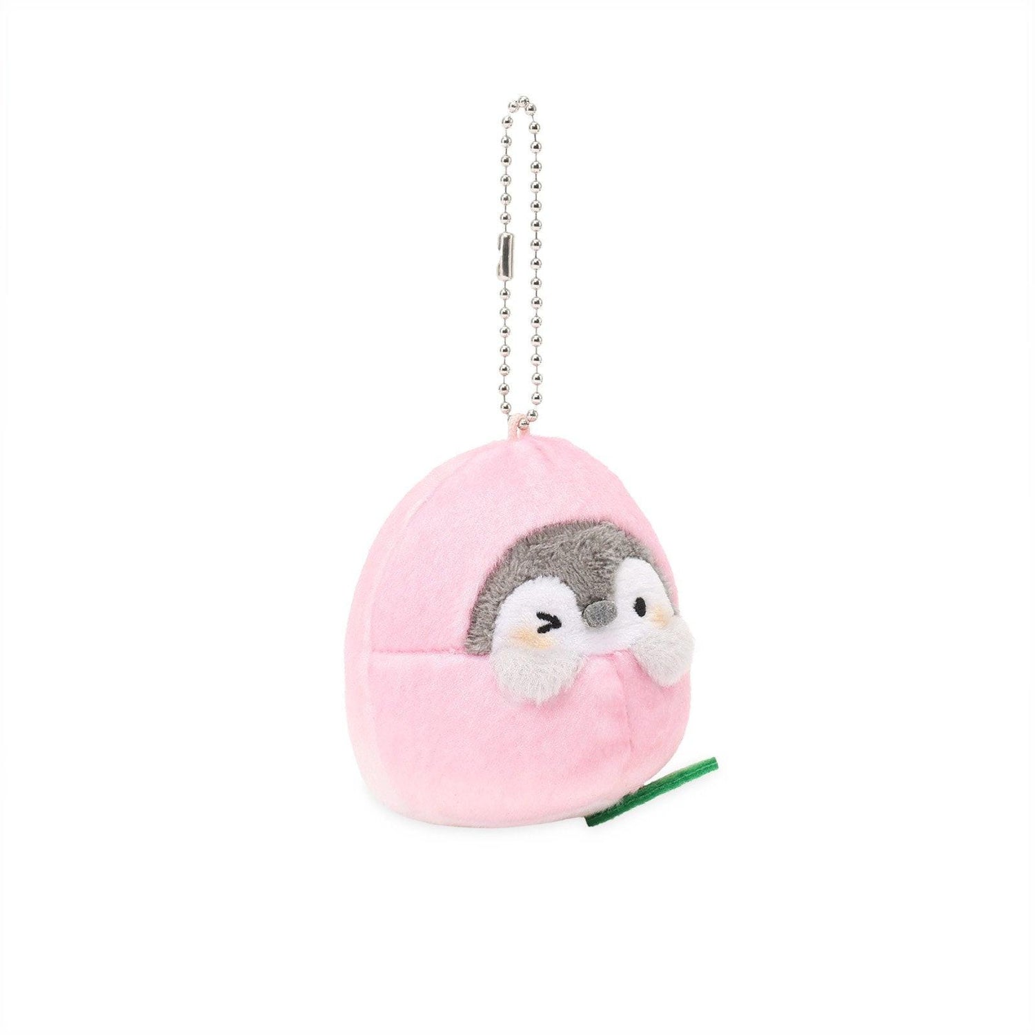 Officially licensed Spiralcute Koupen Chan fluffy and cute grey penguin plush keychain wearing a soft pink peach costume with a winking expression hanging with a silver ball chain, perfect for kidult bag charms and kawaii aesthetic backpack accessories.