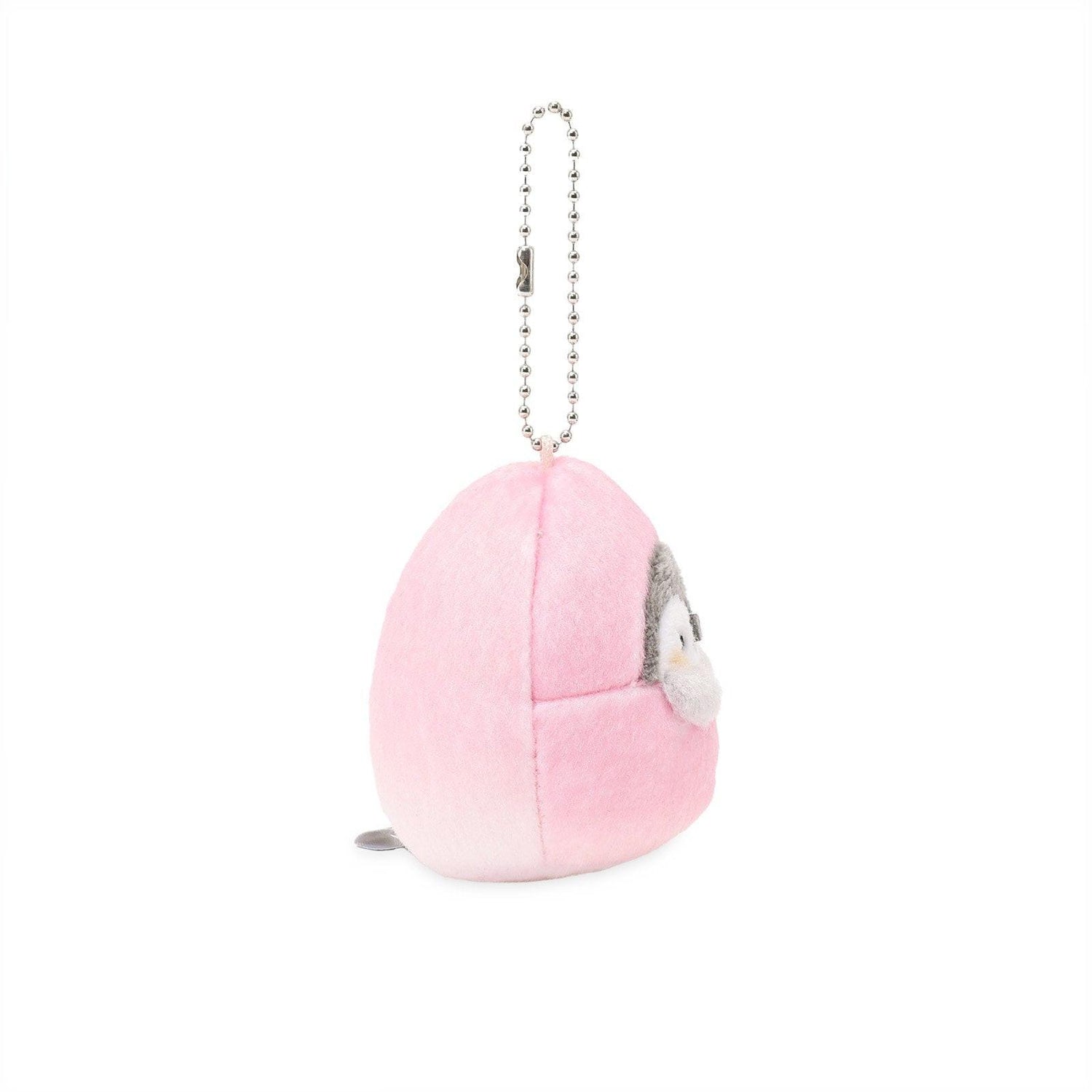 Officially licensed Spiralcute Koupen Chan fluffy and cute grey penguin plush keychain wearing a soft pink peach costume with a winking expression hanging with a silver ball chain, perfect for kidult bag charms and kawaii aesthetic backpack accessories.